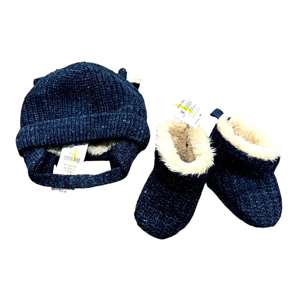 Baby GAP Sherpa Lined Bear Beanie And Booties Set, Blue, Size 0-3 Months, NEW